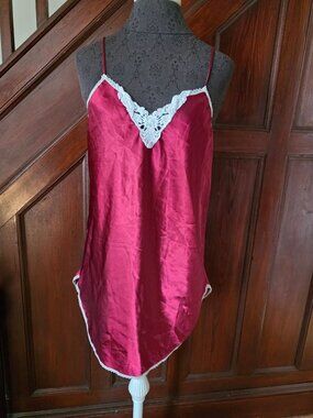 Vintage Burgundy Satin & Lace Trim Slip Nightgown - Undercover Wear - Size S